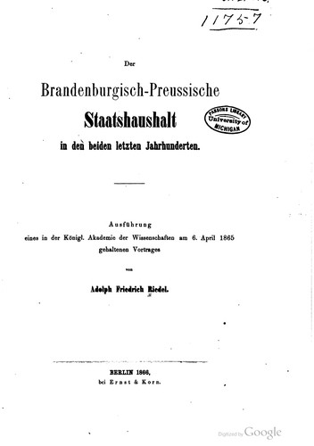 Der brandenburgisch-preussische Staatshaushalt in den beiden letzten Jahrhunderten