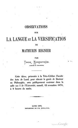 Observations sur la langue et la versification de Mathurin Régnier