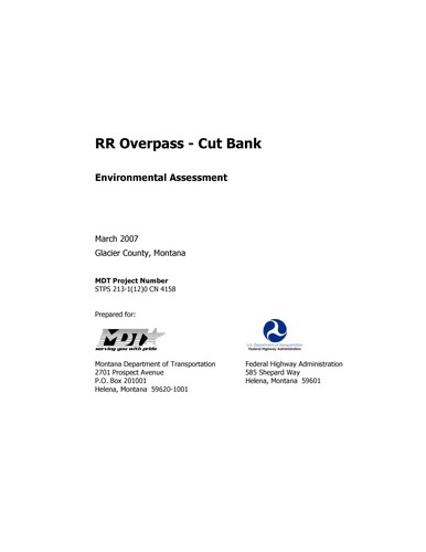 Federal Highway Administration finding of no significant impact for project number: STPS 213-1(12)0 project name: RR Overpass - Cut Bank control number: 4158 in Glacier County, Montana