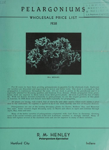 Pelargoniums wholesale price list, 1938