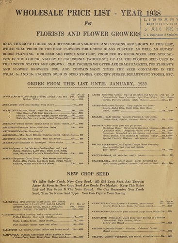 Wholesale price list for florists and flower growers, year 1938