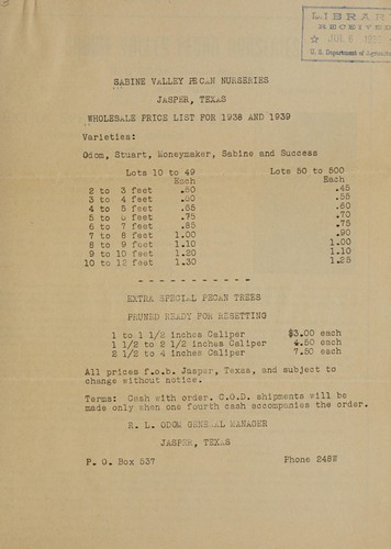 Wholesale price list for 1938-1939