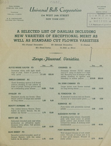 A selected list of dahlias including new varieties of exceptional merit as well as standard cut flower varieties