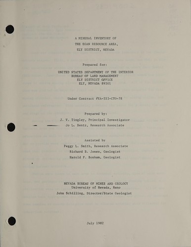 A mineral inventory of the Egan Resource Area, Ely District, Nevada