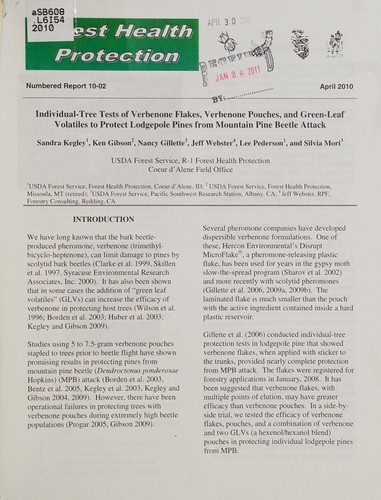 Individual-tree tests of verbenone flakes, verbone pouches, and green-leaf volatiles to protect lodgepole pines from mountain pine beetle attack