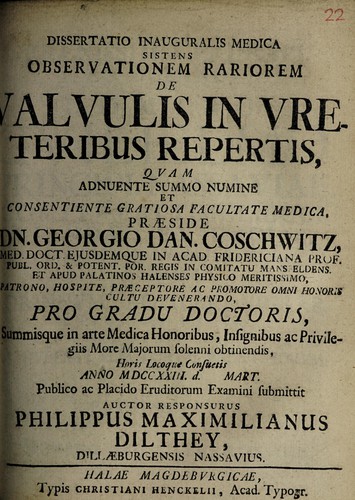 Dissertatio inauguralis medica sistens observationem rariorem de valvulis in ureteribus repertis ...