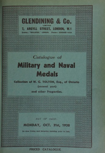 Catalogue of military and naval medals, the collection of W.G. Tolton, Esq., of Ontario (second part), [containing] an Indian Chief medal, George II, 1757, [showing] a man seated beneath a tree offering a Pipe of Peace to an Indian; and other properties ...