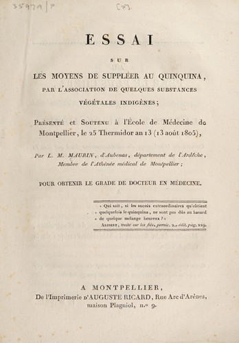 Essai sur les moyens de suppléer au quinquina, par l'association de quelques substances végétales indigènes