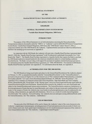 $200,000,000 Massachusetts Bay Transportation Authority general transportation system bonds, variable rate demand obligations 2000 series