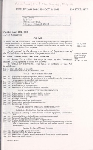 An Act to Amend Title 38, United States Code, to Reform Eligibility for Health Care Provided by the Department of Veterans Affairs, to Authorize Major Medical Facility Construction Projects for the Department, to Improve Administration of Health Care by the Department, and for Other Purposes