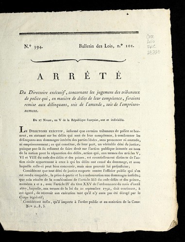 Arre te  du Directoire exe cutif, concernant les jugemens des tribunaux de police qui, en matie  re de delits de leur compe tence, feraient remise aux de linquans, soit de l'amende, soit de l'emprisonnement
