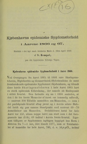 Kjøbenhavns epidemiske Sygdomsforhold i Aarene 1866 og 67
