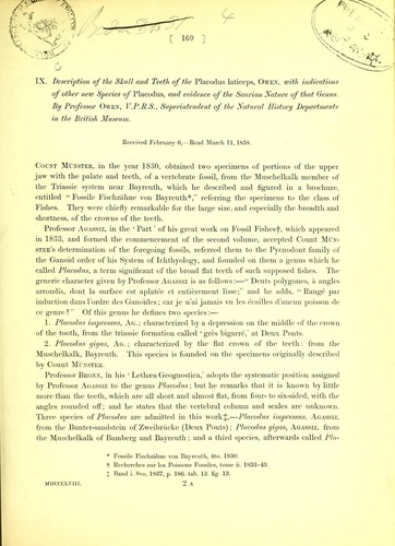 Description of the skull and teeth of the Placodus laticeps, Owen, with indications of other new species of Placodus, and evidence of the saurian nature of that genus