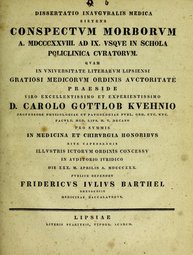 Dissertatio inauguralis medica sistens conspectum morborum a. MDCCCXXVIII. ad IX. usque in Schola Policlinica curatorum