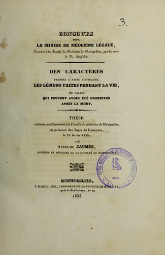 Des caractères propres à faire distinguer les lésions faites pendant la vie, de celles qui peuvent avoir été produites après la mort