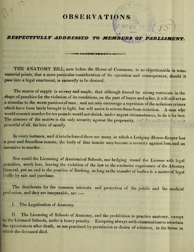 Observations respectfully addressed to Members of Parliament