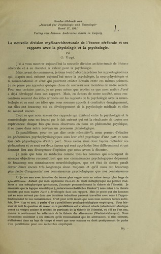 La nouvelle division myéloarchitecturale de l'écorce cérébrale et ses rapports avec la physiologie et la psychologie