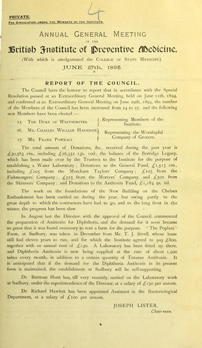 Annual General Meeting of the British Institute of Preventive Medicine (with which is amalgamated the College of State Medecine)