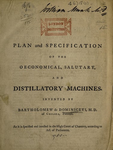 Plan and specification of the oeconomical, salutary, and distillatory machines