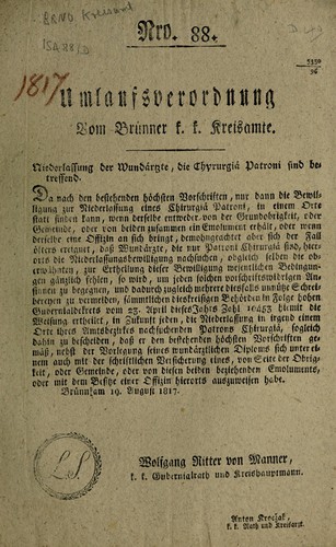 Umlaufsverordnung ... Niederlassung der Wundärtzte, die Chyrurgiä Patroni sind betreffend
