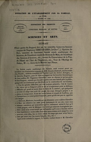 Extrait d'une partie du Rapport fait sur les nouvelles lunettes isoscentriques de l'ingénieur Chevallier