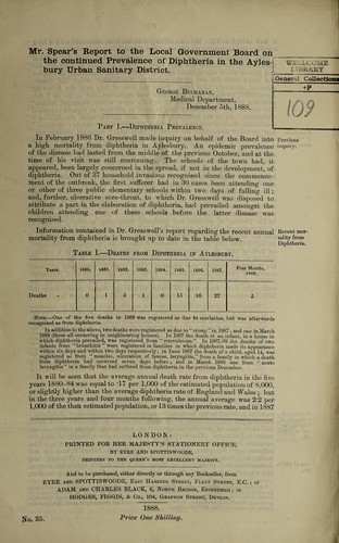 Mr. Spear's report to the Local Government Board on the continued prevalence of diphtheria in the Aylesbury urban sanitary district