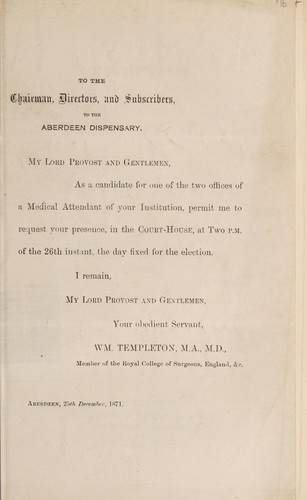 [Printed letter addressed to the Chairman Directors and Subscribers to the Aberdeen Dispensary relating to an application for the office of Medical Attendant]