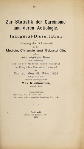 Zur Statistik der Carcinome und deren Aetiologie ...
