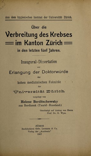 Über die Verbreitung des Krebses im Kanton Zürich in den letzten fünf Jahren ...