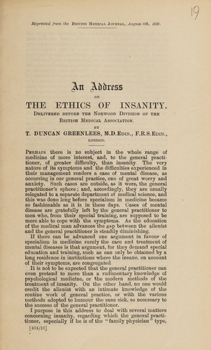 An address on the ethics of insanity