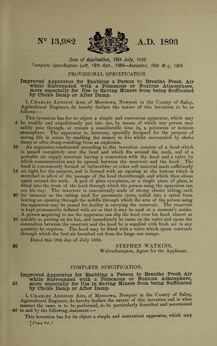 Improved apparatus for enabling a person to breath fresh air while surrounded with a poisonous or noxious atmosphere, more esecially for use in saving miners from being suffocated by choke damp or after damp