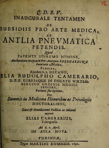 Inaugurale tentamen de subsidiis pro arte medica ab antlia pneumatica petendis