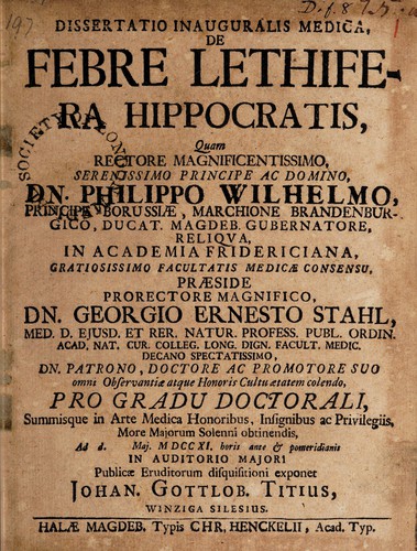 Dissertatio inauguralis medica, de febre lethifera Hippocratis ...