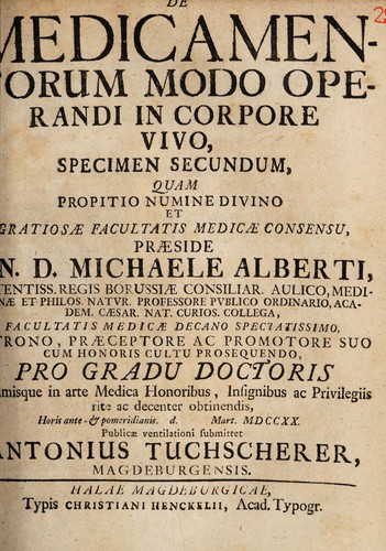De medicamentorum modo operandi in corpore vivo, specimen secundum