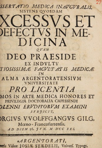 Dissertatio medica inauguralis, sistens quosdam excessus et defectus in medicina ...