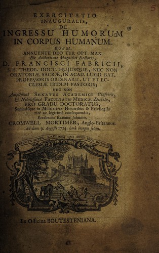 Exercitatio inauguralis, de ingressu humorum in corpus humanum ...