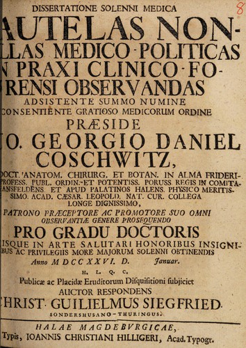 Dissertatione solenni medica cautelas nonnullas medico-politicas in praxi clinico-forensi observandas