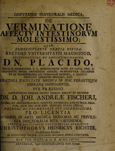 Disputatio inauguralis medica, de verminatione affectu intestinorum molestissimo ...