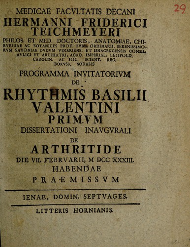Programma invitatorium de rhythmis Basilii Valentini primum dissertationi inaugurali de arthritide ... labendae praemissum