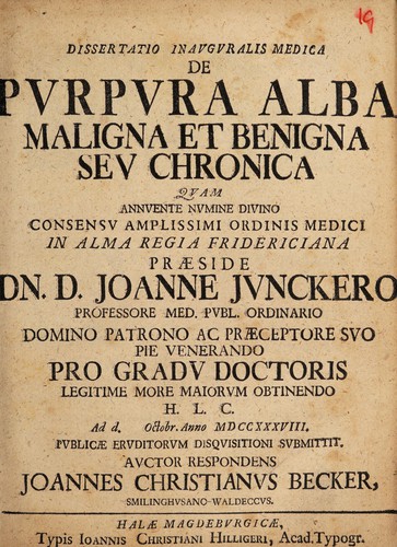Dissertatio inauguralis medica de purpura alba maligna et benigna seu chronica ...