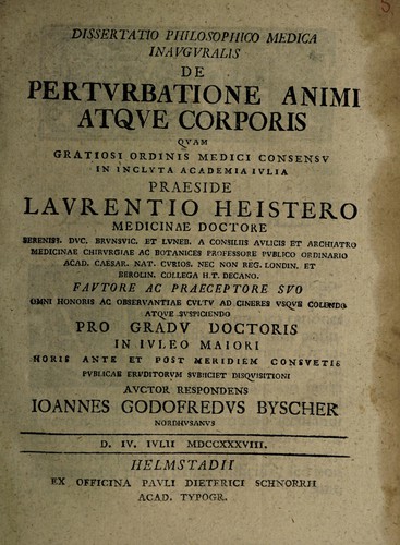 Dissertatio philosophico medica inauguralis de perturbatione animi atque corporis ...