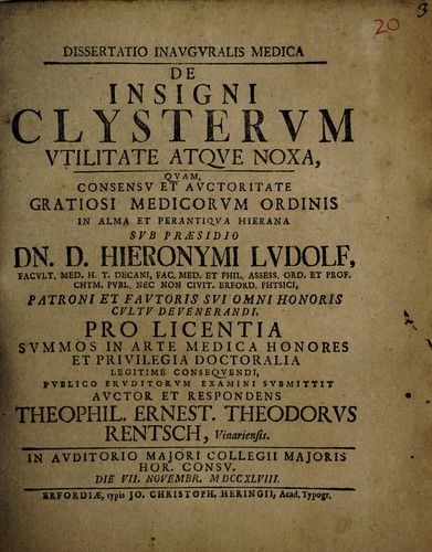 Dissertatio inauguralis medica de insigni clysterum utilitate atque noxa ...