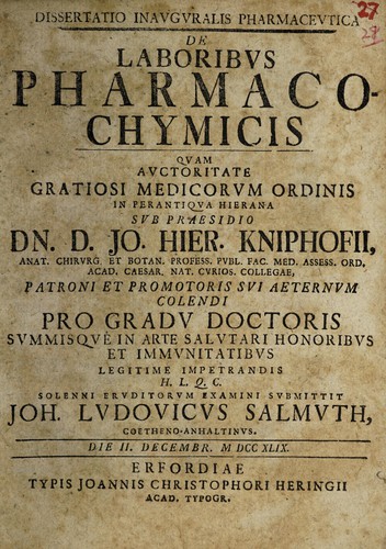 Dissertatio inauguralis pharmaceutica de laboribus pharmaco-chymicis