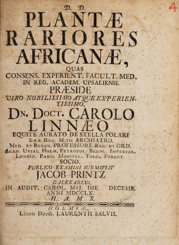 Plantae rariores Africanae. Quas consens. experient. facul. med. in reg. acaden. Upsaliensi