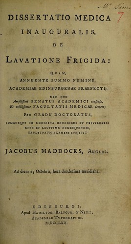 Dissertatio medica inauguralis, de lavatione frigida ...