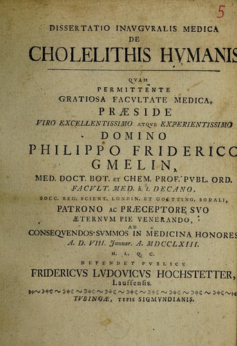 Dissertatio inauguralis medica de cholelithis humanis ...