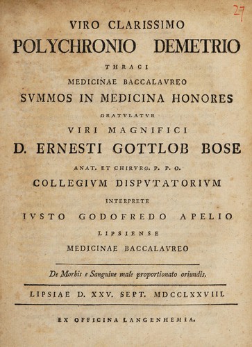 Viro clarissimo Polychronio Demetrio ... gratulatur ... Ernesto Gottlob Bose ... collegium disputatorium
