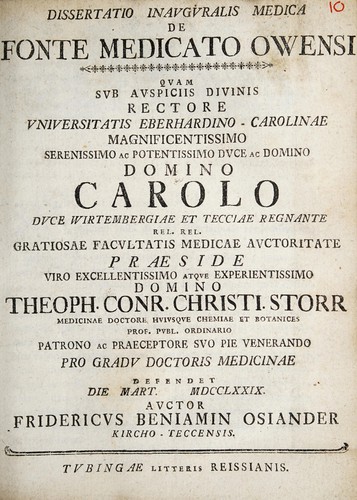 Dissertatio inauguralis medica de fonte medicato Owensi quam sub auspiciis divinis rectore Universitatis Eberhardino-Carolinae ...