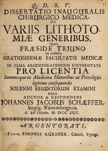 Dissertatio inauguralis chirurgico medica, de variis lithotomiae generibus
