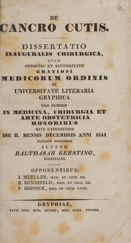 De cancro cutis. Dissertatio inauguralis chirurgica